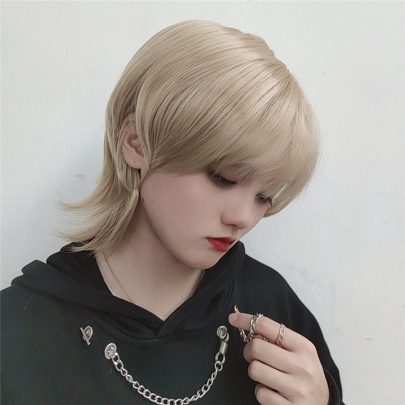 Wolf Tail Men's Short Hair Full Head Set Japanese Style Mullet Fish Head Synthetic Adjustable Natural Hairline in Stock