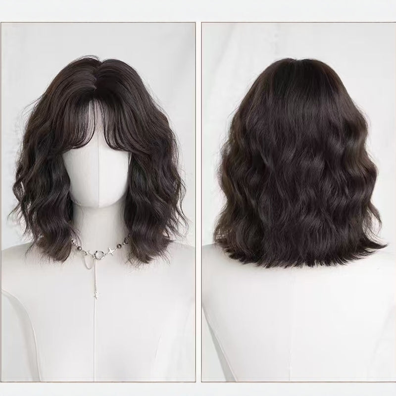Coolhair Wig Water Wave Synthetic Hair Wig with Bang Middle Part Simulated Scalp High-Temperature Heat Resistant Fiber Women Wig