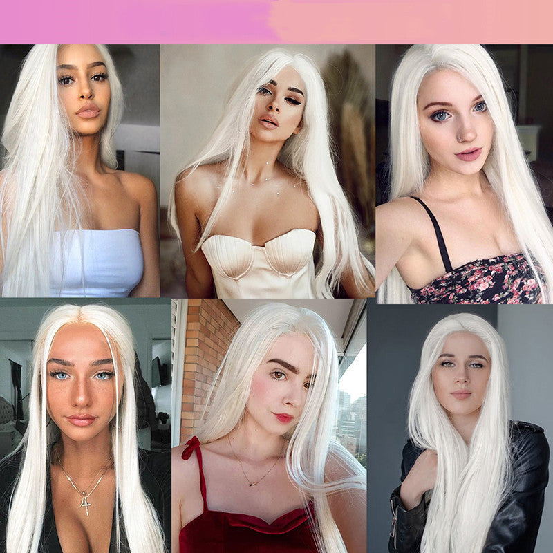 European and American Best-Selling Pure White Long Straight Hair Medium Split Fiberglass Wig Head Cover Wigs Manufacturer