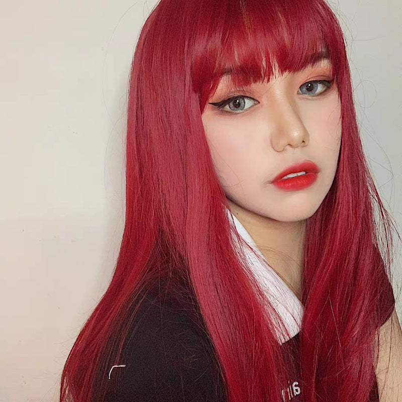 Japanese and Korean manga bangs wig, women's red waist length straight hair, internet celebrity, same style synthetic headband