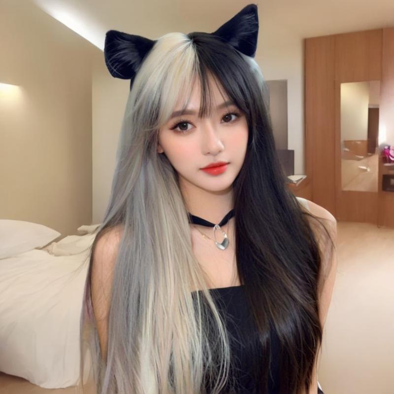 Coolhair Wig Black White Long Straight Wig with Bangs Synthetic Costume Hair Wig for Women Cosplay Anime Party Halloween