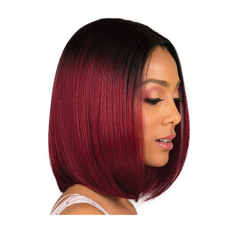Coolhair Wig Mid Split Black Gradient Wine Red Bobo Wigs Female Short Straight Hair Black Gradient Wine Red Wigs