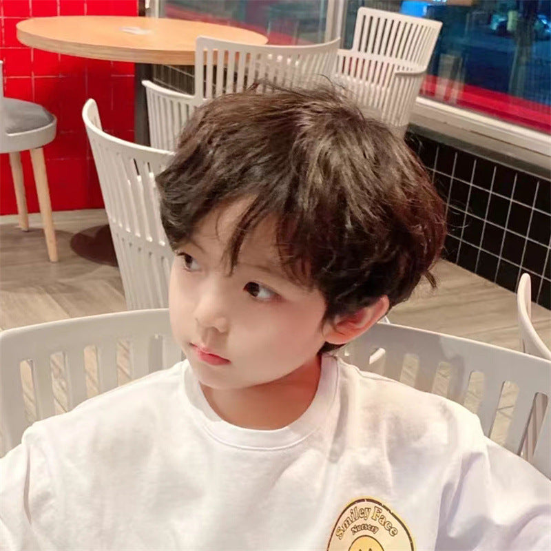 Coolhair Wig Short Brown Boy's Hair Extensions Synthetic Layered Short Kinky Curl Kids Wig Natural Fluffy Cosplay Daily Wear