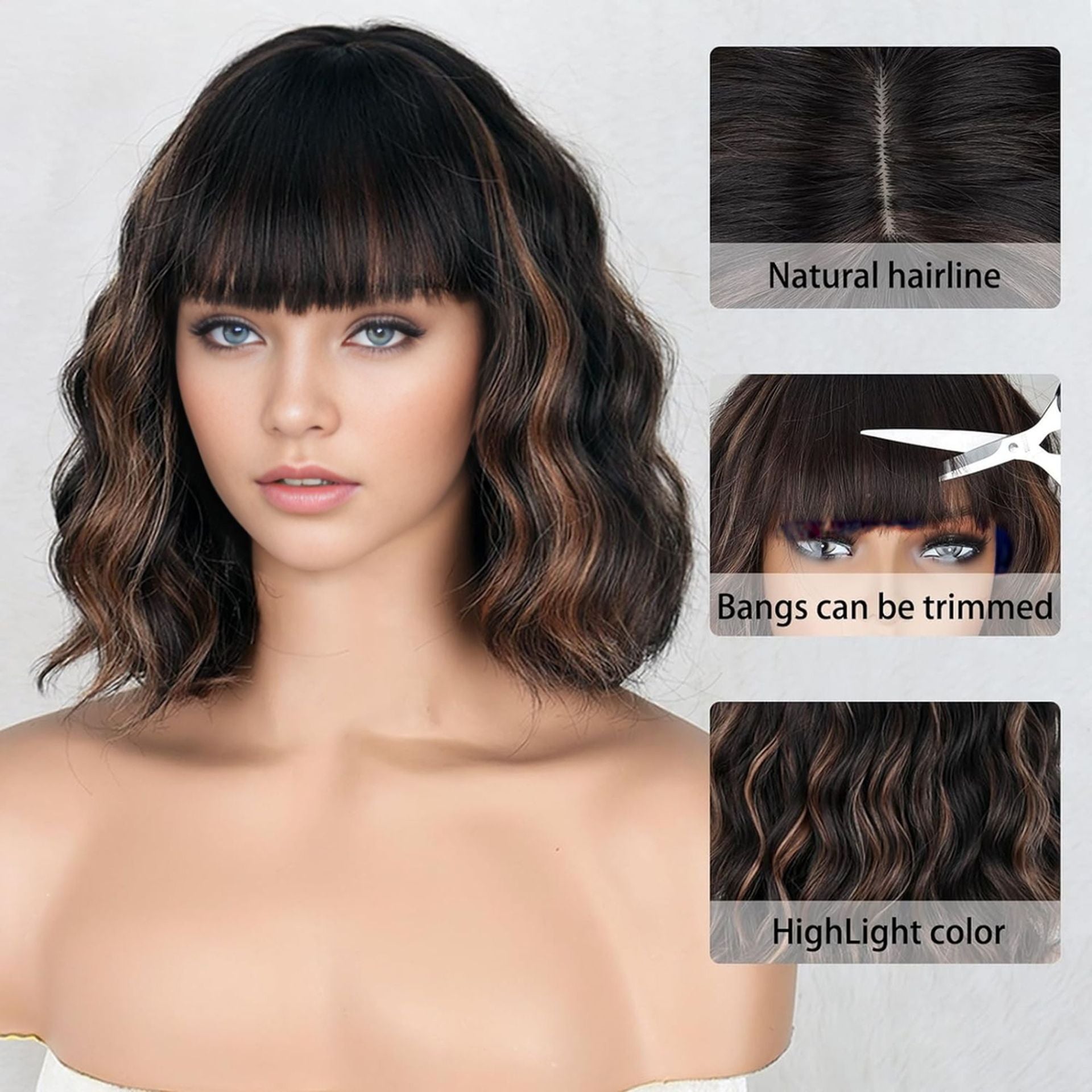 Coolhair Wig Water Wave Synthetic Hair Wig with Bang Middle Part Simulated Scalp High-Temperature Heat Resistant Fiber Women Wig