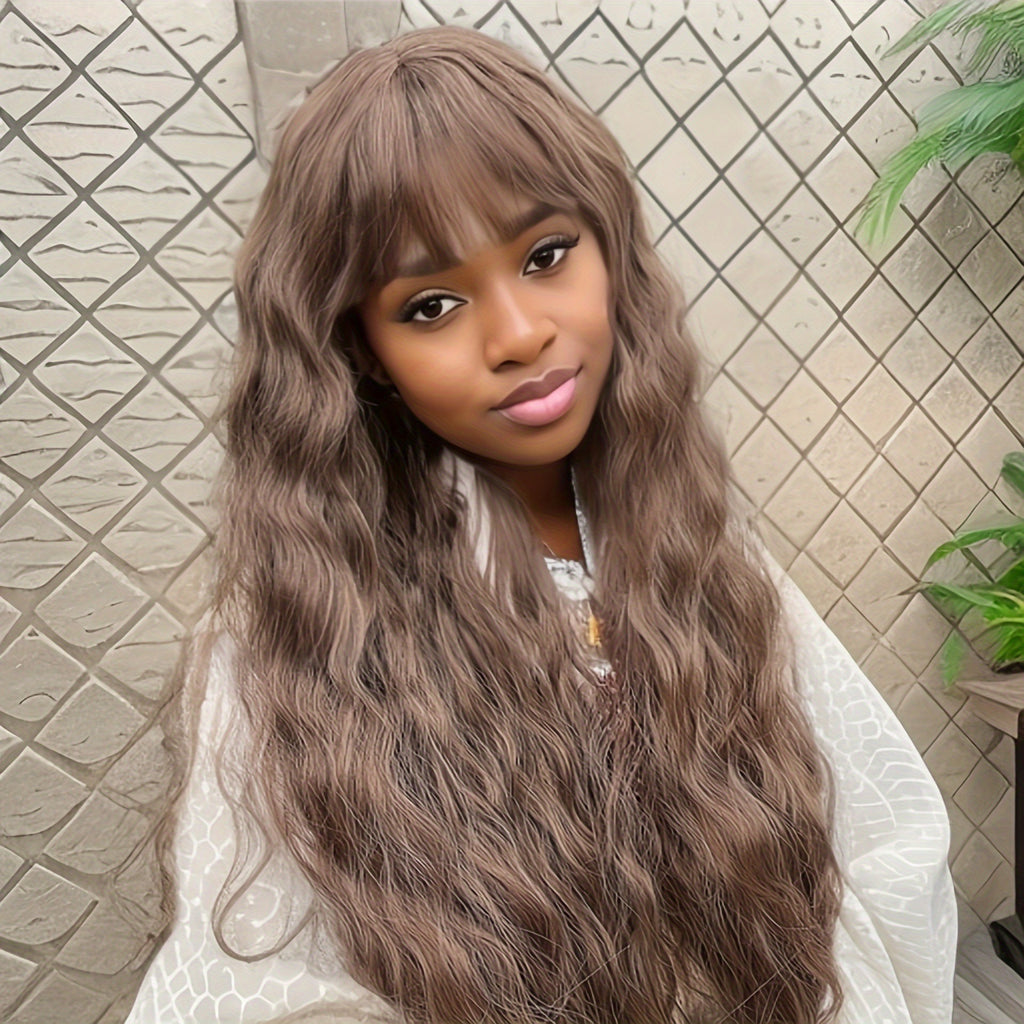 New European American Women's Body Wave Wigs Orange Long Hair High Temperature Fiber Curls Air Bangs 100% Density Natural