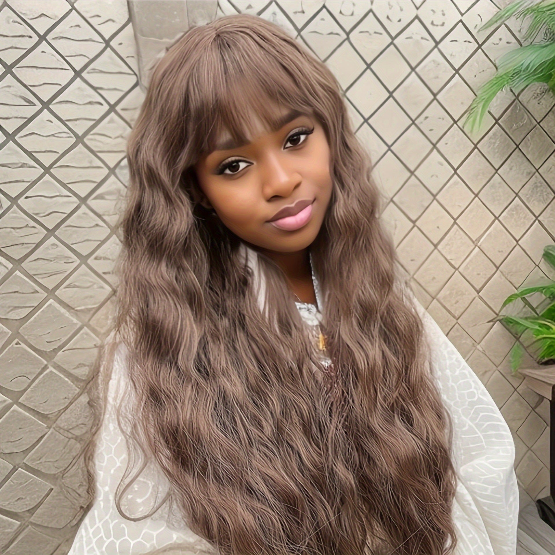 New European American Women's Body Wave Wigs Orange Long Hair High Temperature Fiber Curls Air Bangs 100% Density Natural