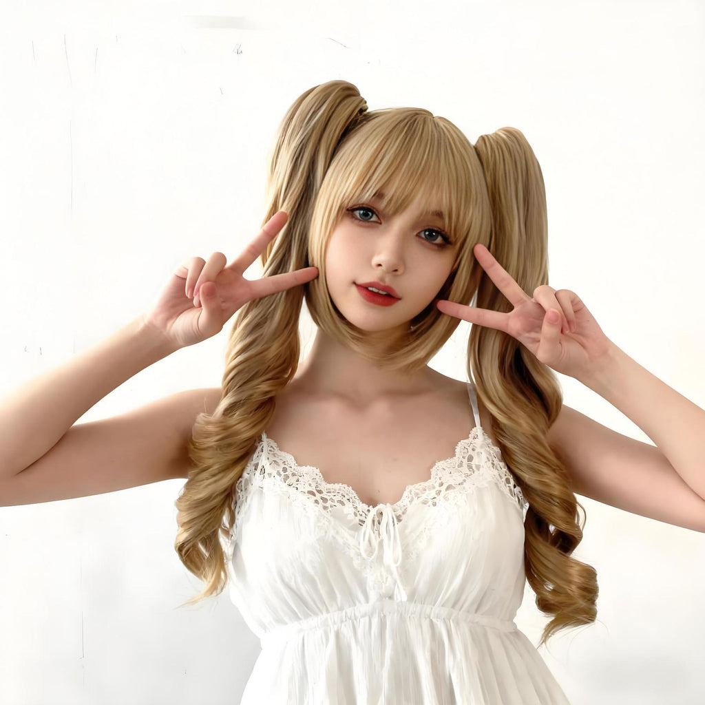 2 E-commerce Body Wave Cosplay Wig Women's Fashion Double Ponytail Lolita air Bangs Full Head Set Synthetic 100% Density Heat
