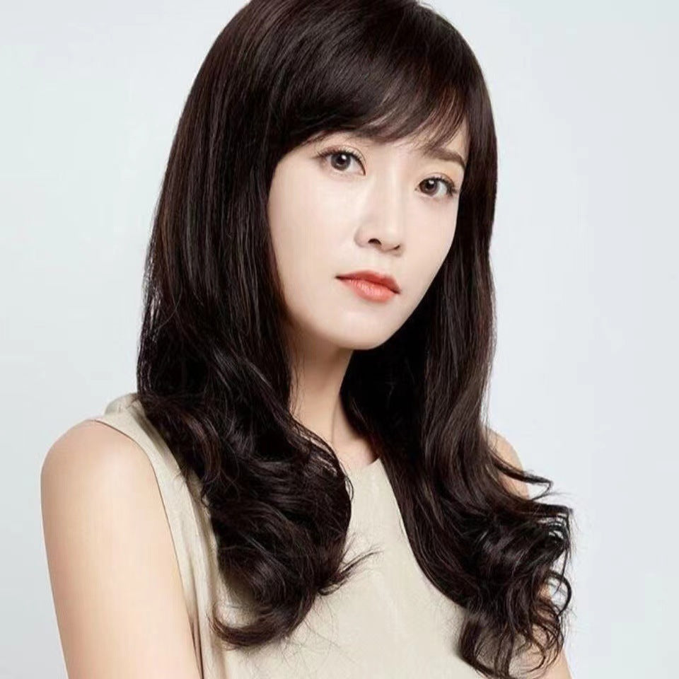 Coolhair Black Body Wave Heat Resistant Synthetic Wig 100% Density Flat Bangs Natural Hairline Women Daily Use Korean Style