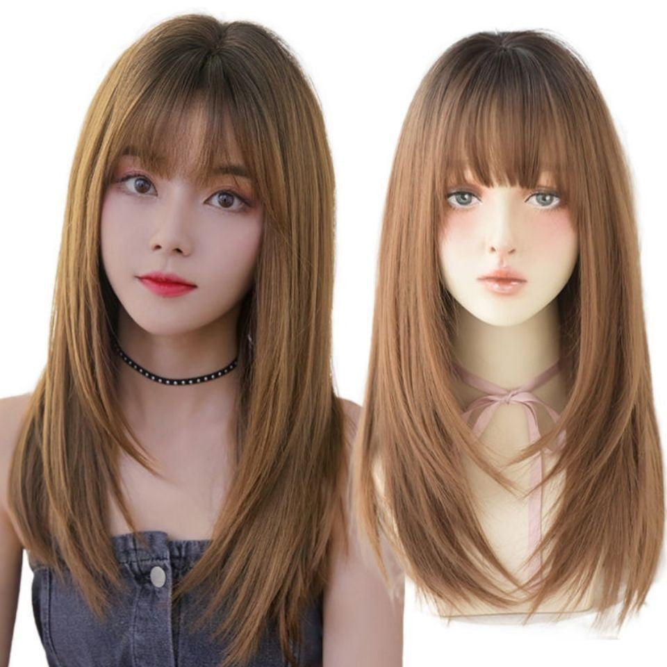 Wholesale Price Small Cap Coolhair Wig Long Straight Perruques with Bangs Brown Synthetic Heat Resistant Wig for Women