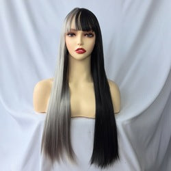 Coolhair Wig Black White Long Straight Wig with Bangs Synthetic Costume Hair Wig for Women Cosplay Anime Party Halloween