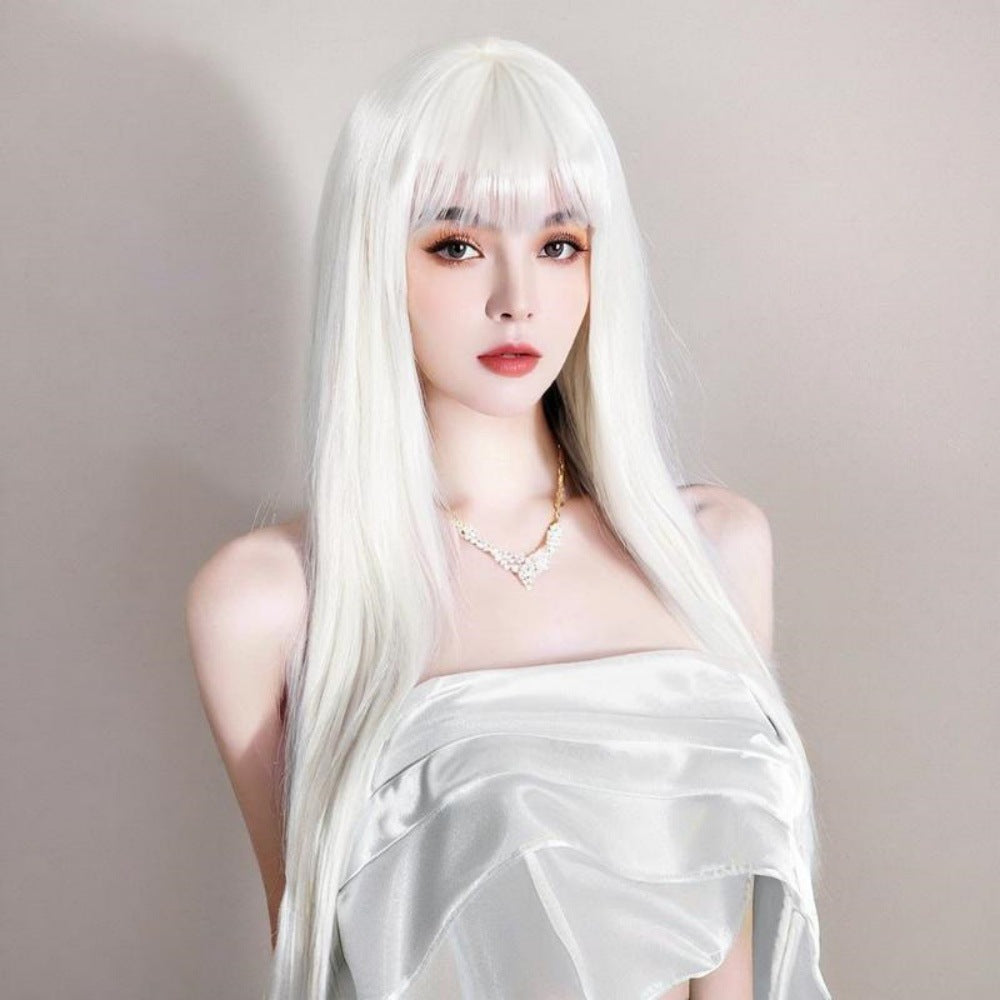 High-Grade Fiber Synthetic Wig Long and Loose Straight White Hair Coolhair Wig Elastic Breathable Cap with Rose Mesh