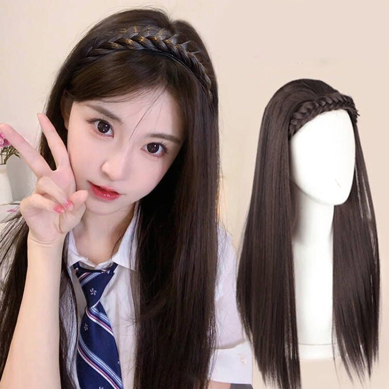 Coolhair Wig for Women Fishbone Braid Headband Half Headpiece Synthetic Fiber Long Curly Hair