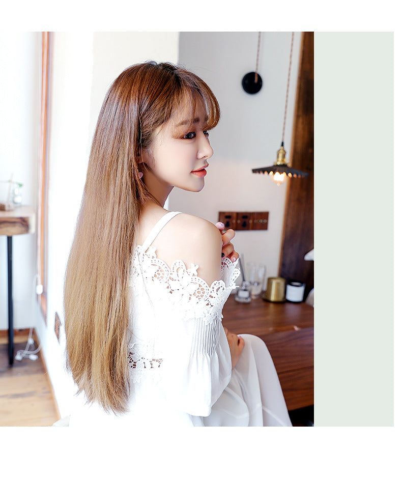 Coolhair Wig Girls Chocolate Brown One Piece Long Straight Highlights Synthetic Hairpiece U-part Wig Hair Extensions for Women