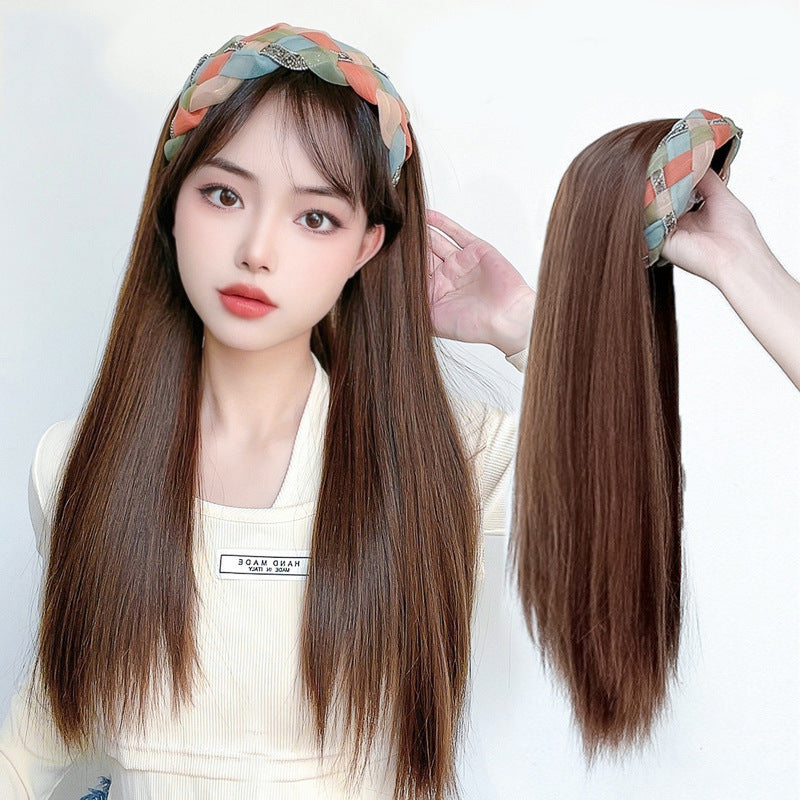 Coolhair Wig for Women Fishbone Braid Headband Half Headpiece Synthetic Fiber Long Curly Hair