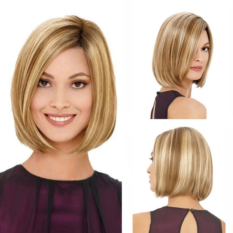 Female Wig with Short Straight Hair Body Wave Style European American Synthetic Fibers 100% Density Natural Hairline