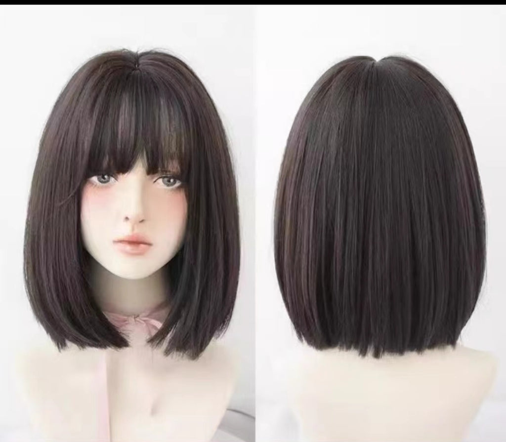 Short Straight Bob Burgundy Brown Hair Coolhair Wig With Bangs Brown Synthetic Wig Heat Resistant Fiber Fluffy Hair