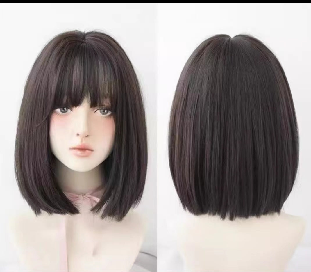 Short Straight Bob Burgundy Brown Hair Coolhair Wig With Bangs Brown Synthetic Wig Heat Resistant Fiber Fluffy Hair