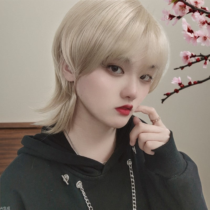 Wolf Tail Men's Short Hair Full Head Set Japanese Style Mullet Fish Head Synthetic Adjustable Natural Hairline in Stock