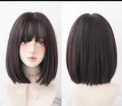 Short Straight Bob Burgundy Brown Hair Coolhair Wig With Bangs Brown Synthetic Wig Heat Resistant Fiber Fluffy Hair