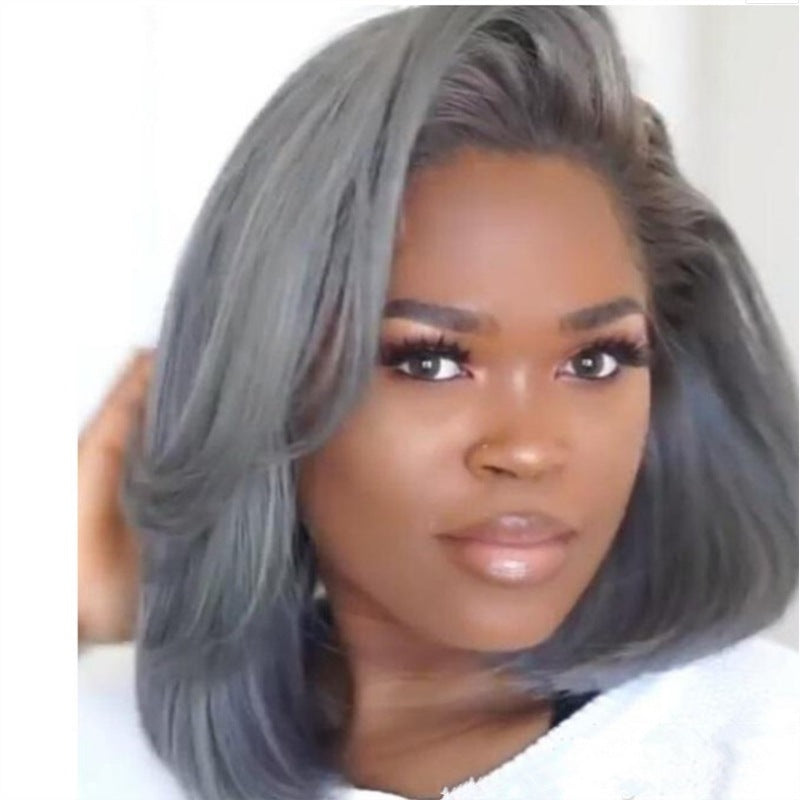 Coolhair Wig 13*6 Lace Wig Gray Silver Mix High Quality Smooth Fiber Bob Short Straight Hair Soft Breathable Real Photo