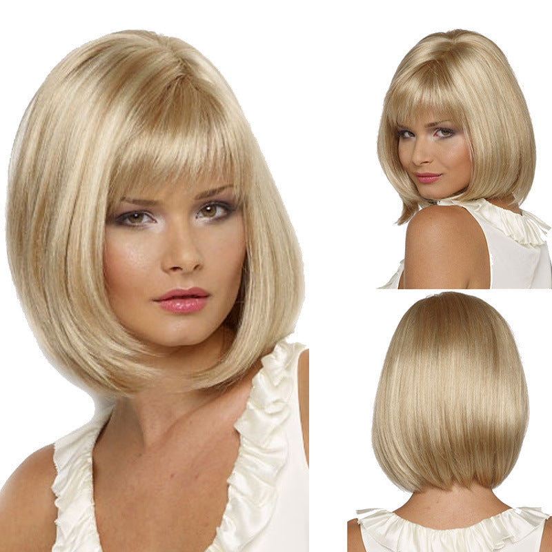 Coolhair Wholesale Small Cap Dark Brown Gold Layered Synthetic Short Bob Wig with Straight Bangs Looks Natural