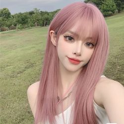 Coolhair Wig New Design Japanese Style Luxury Long Straight Pink Color Synthetic Fiber Wig With Bangs