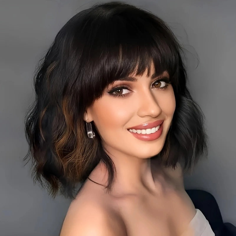 Coolhair Wig Water Wave Synthetic Hair Wig with Bang Middle Part Simulated Scalp High-Temperature Heat Resistant Fiber Women Wig