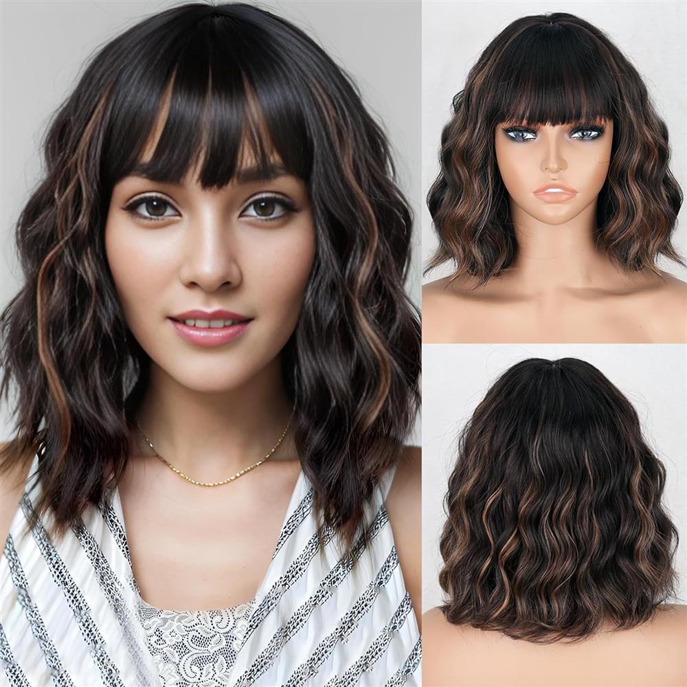Coolhair Wig Water Wave Synthetic Hair Wig with Bang Middle Part Simulated Scalp High-Temperature Heat Resistant Fiber Women Wig