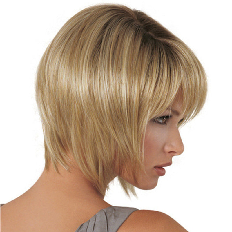 Women's European & American Fashion Short Light Gold Side Split Straight Synthetic Wig Adjustable Cap Natural Hairline