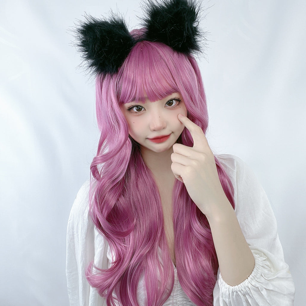 Female Small Body Wave Long Curly Hair Cosplay Anime Air Bangs Lolita Wig Synthetic Headband Heat Resistant