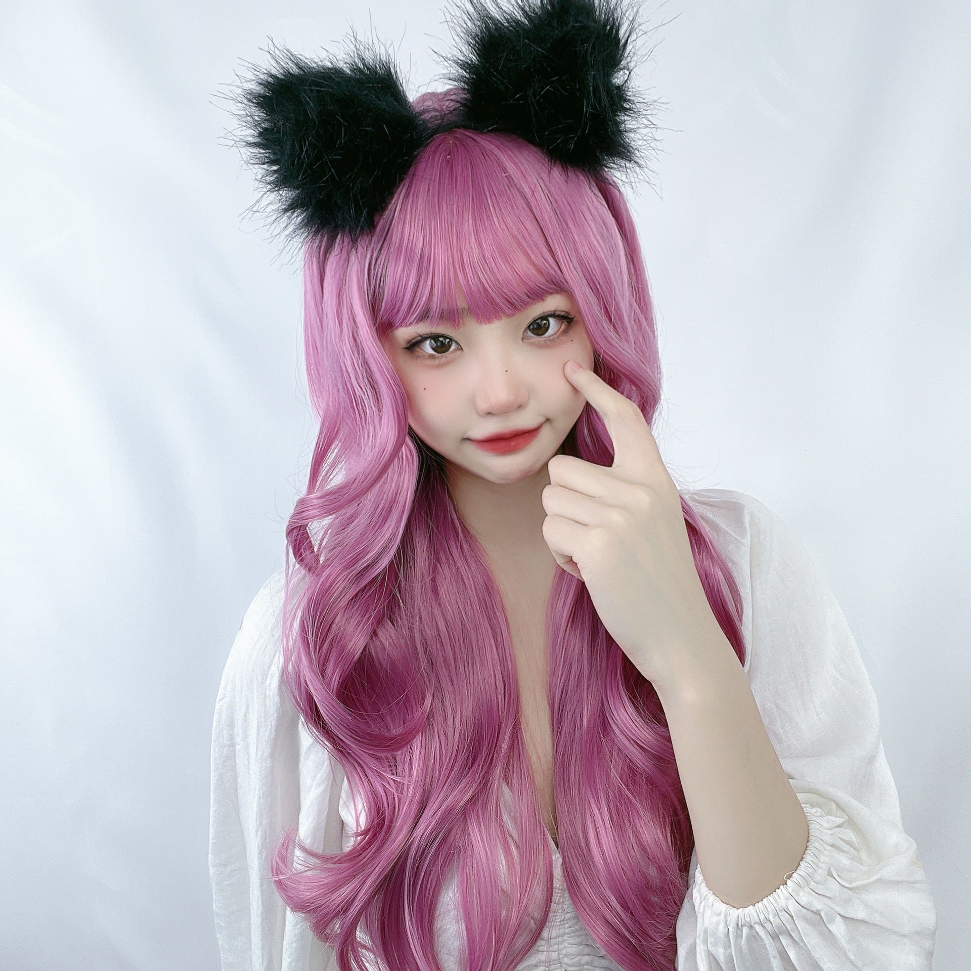 Female Small Body Wave Long Curly Hair Cosplay Anime Air Bangs Lolita Wig Synthetic Headband Heat Resistant