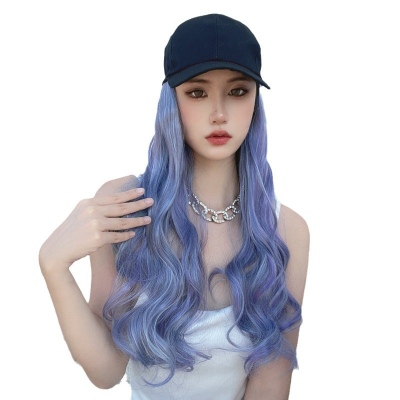 Hat wig women's synthetic mechanism color long hair big wave baseball cap integrated simulation long curly hair