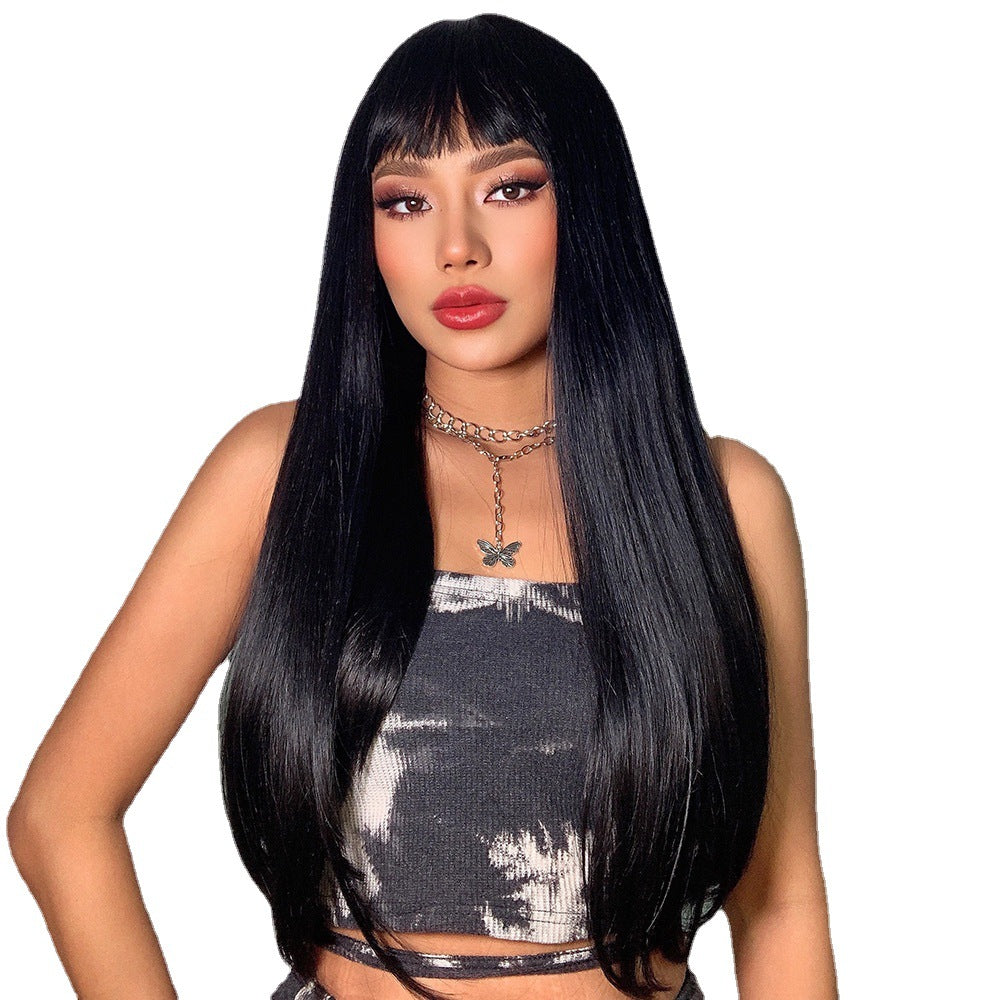 Coolhair Small Cap Dark Brown Natural Straight Synthetic Wig 26 Inches Heat Resistant with Bangs for Women