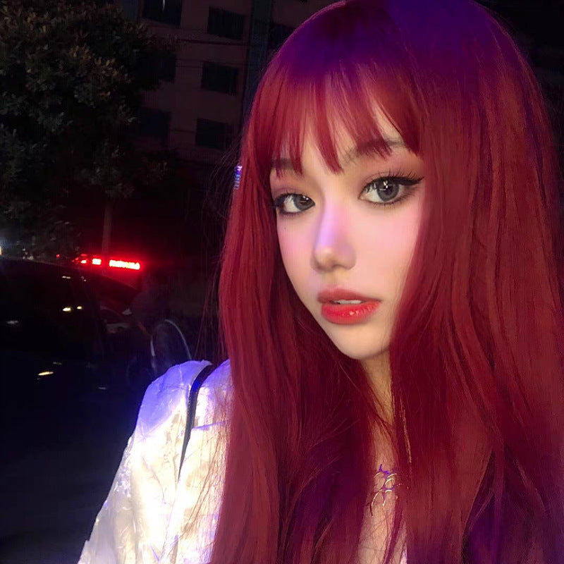 Japanese and Korean manga bangs wig, women's red waist length straight hair, internet celebrity, same style synthetic headband