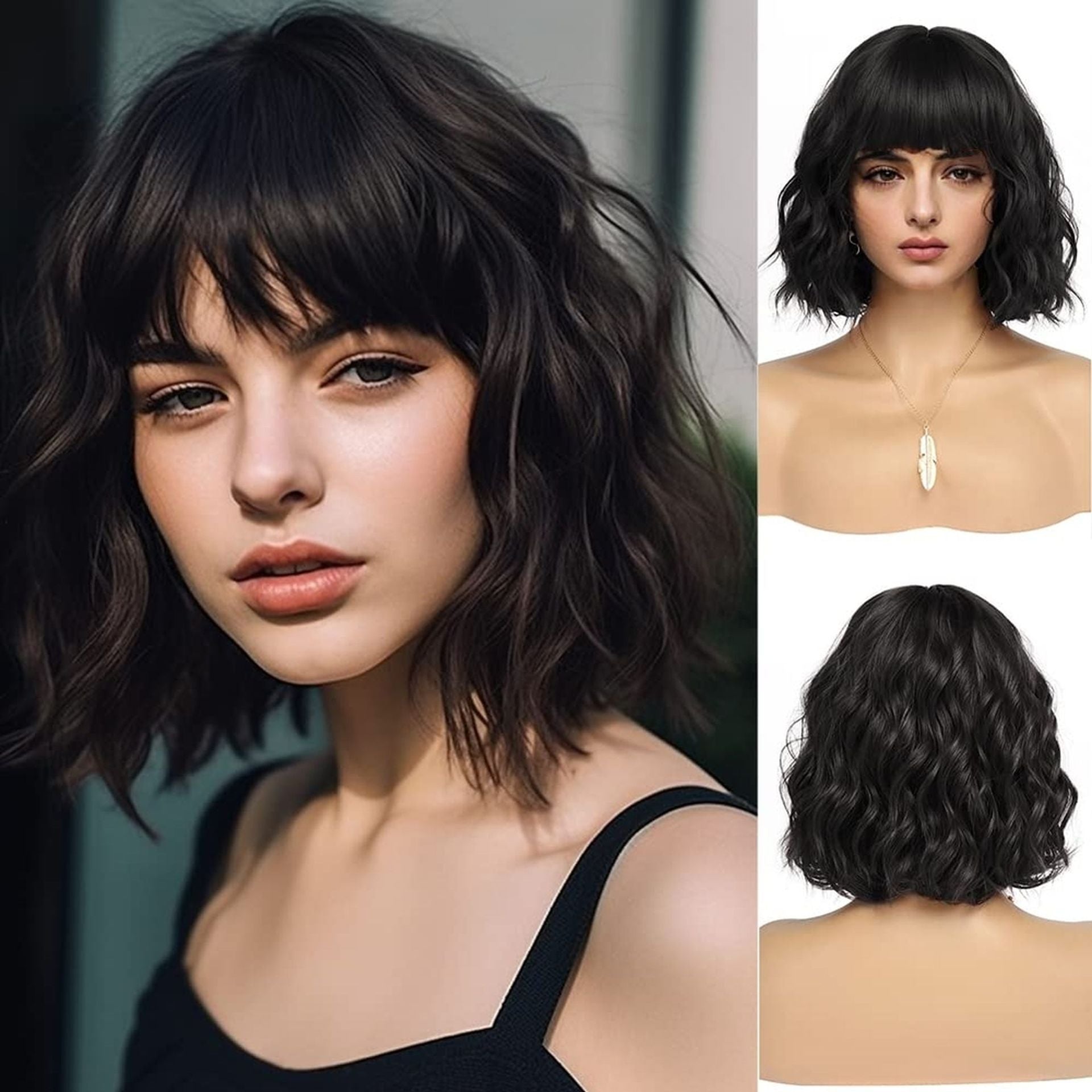 Coolhair Wig Water Wave Synthetic Hair Wig with Bang Middle Part Simulated Scalp High-Temperature Heat Resistant Fiber Women Wig