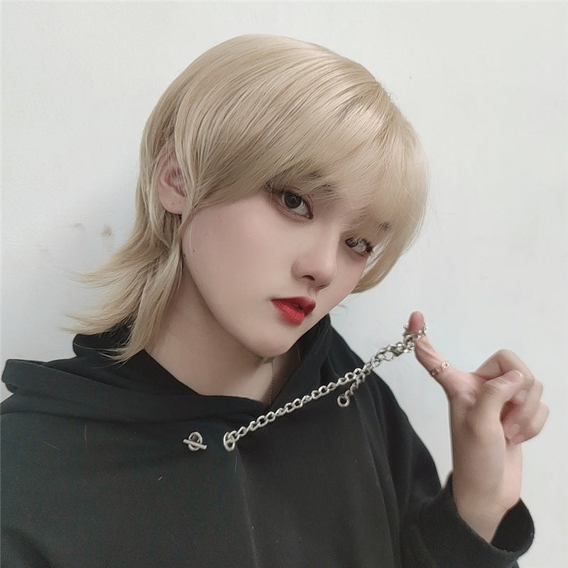 Wolf Tail Men's Short Hair Full Head Set Japanese Style Mullet Fish Head Synthetic Adjustable Natural Hairline in Stock