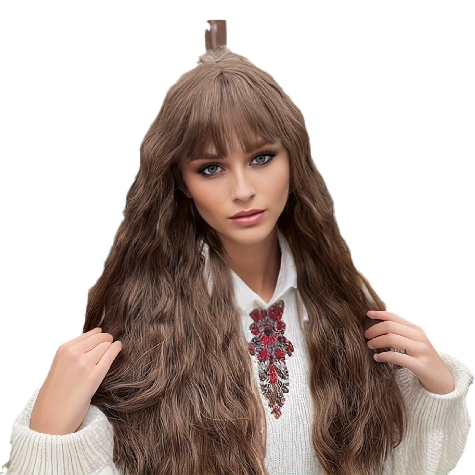 New European American Women's Body Wave Wigs Orange Long Hair High Temperature Fiber Curls Air Bangs 100% Density Natural