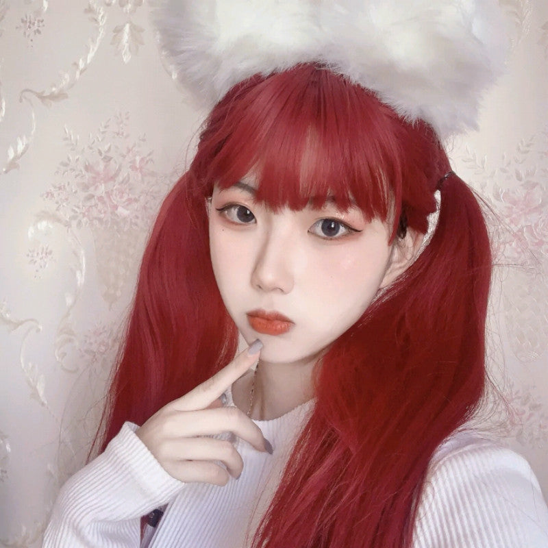 Japanese and Korean manga bangs wig, women's red waist length straight hair, internet celebrity, same style synthetic headband