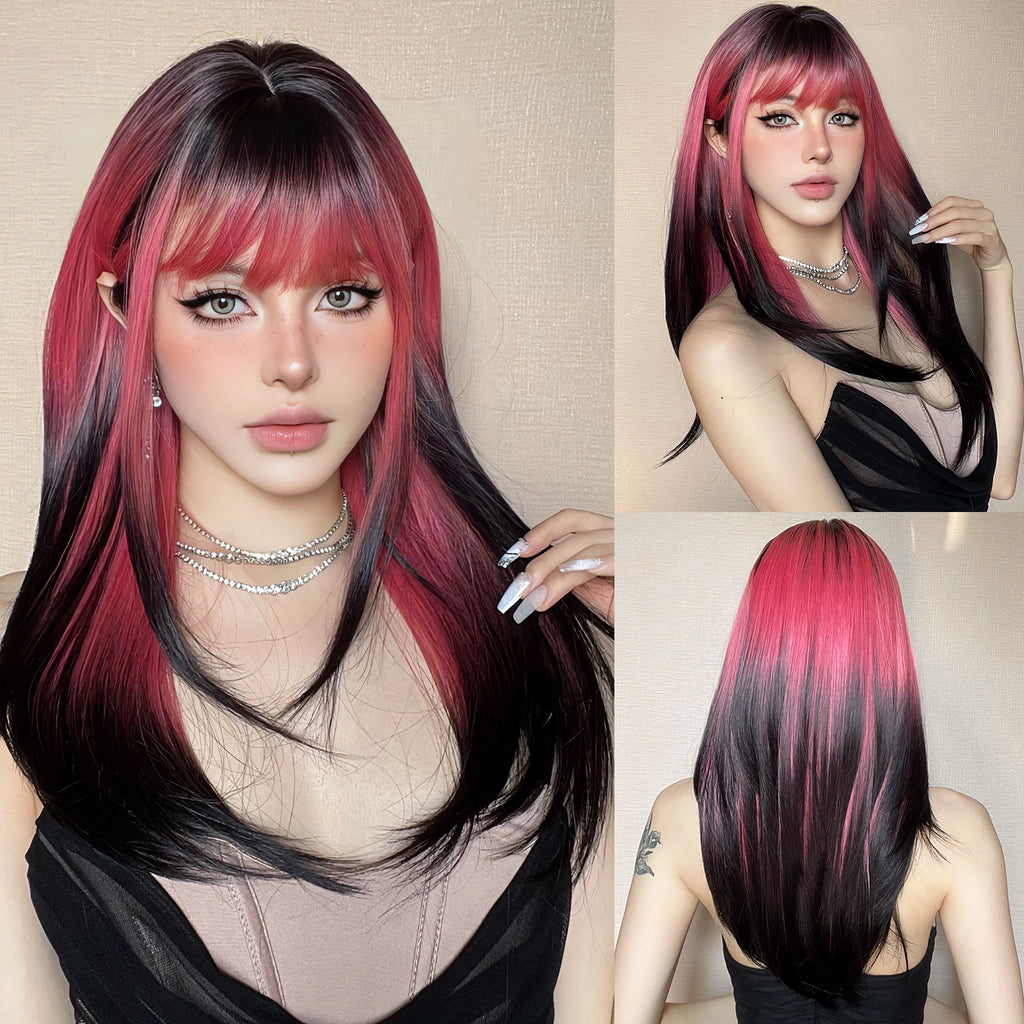 2025 New Arrivals Coolhair Wig Long Straight Heat Resistant High Quality Punk Style Pink Gradient Synthetic Hair Wigs for Women