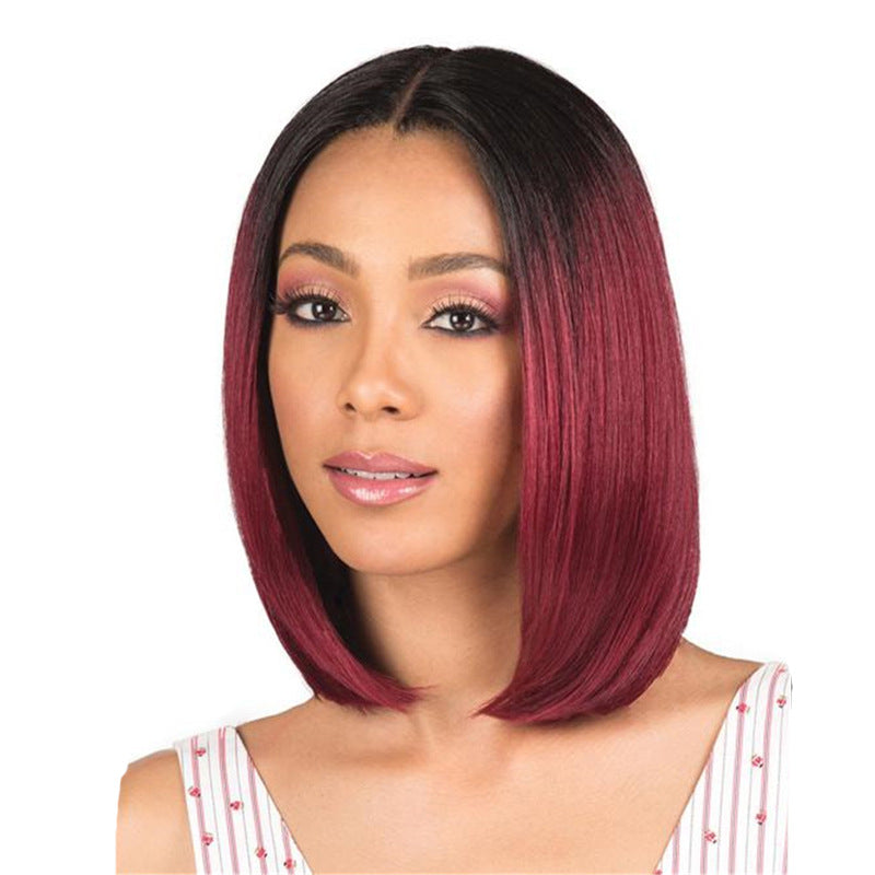 Coolhair Wig Mid Split Black Gradient Wine Red Bobo Wigs Female Short Straight Hair Black Gradient Wine Red Wigs