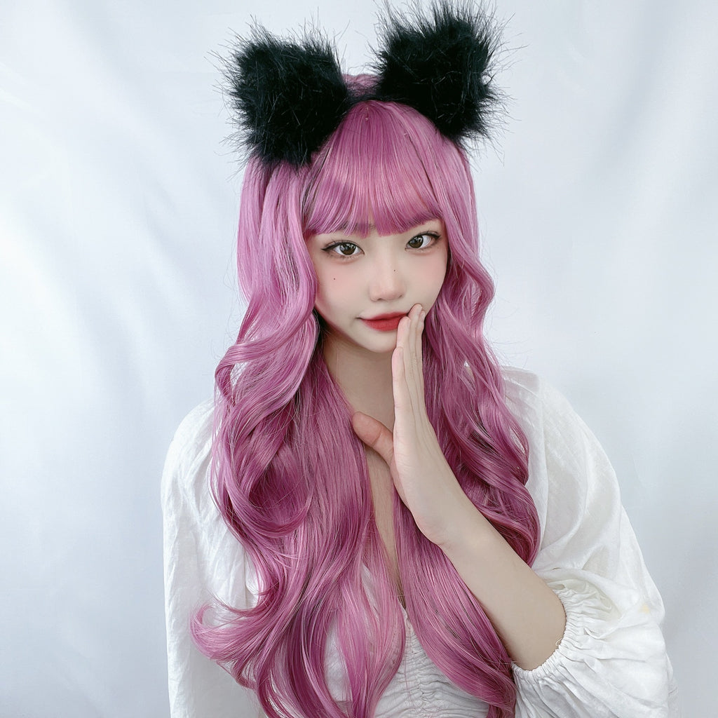 Female Small Body Wave Long Curly Hair Cosplay Anime Air Bangs Lolita Wig Synthetic Headband Heat Resistant