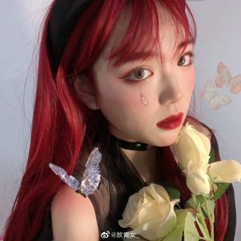 Japanese and Korean manga bangs wig, women's red waist length straight hair, internet celebrity, same style synthetic headband