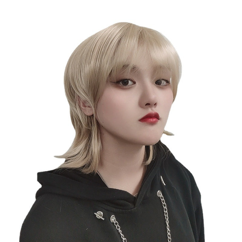 Wolf Tail Men's Short Hair Full Head Set Japanese Style Mullet Fish Head Synthetic Adjustable Natural Hairline in Stock