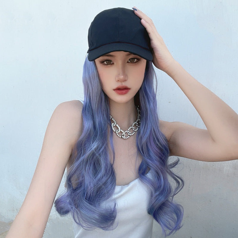 Hat wig women's synthetic mechanism color long hair big wave baseball cap integrated simulation long curly hair