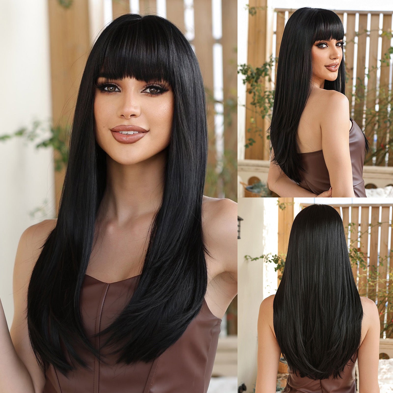 Coolhair Small Cap Dark Brown Natural Straight Synthetic Wig 26 Inches Heat Resistant with Bangs for Women