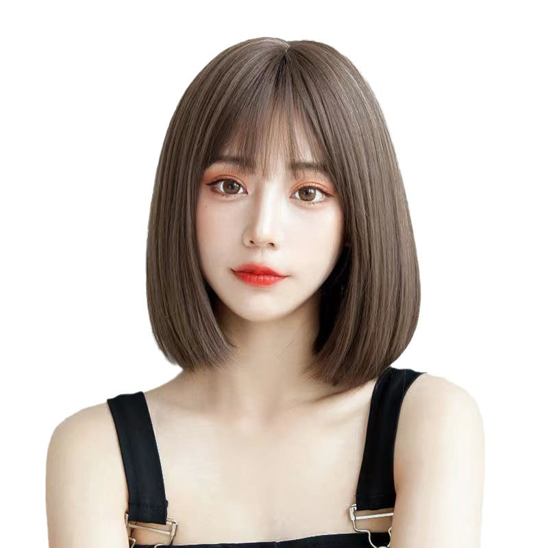 Short Straight Bob Burgundy Brown Hair Coolhair Wig With Bangs Brown Synthetic Wig Heat Resistant Fiber Fluffy Hair