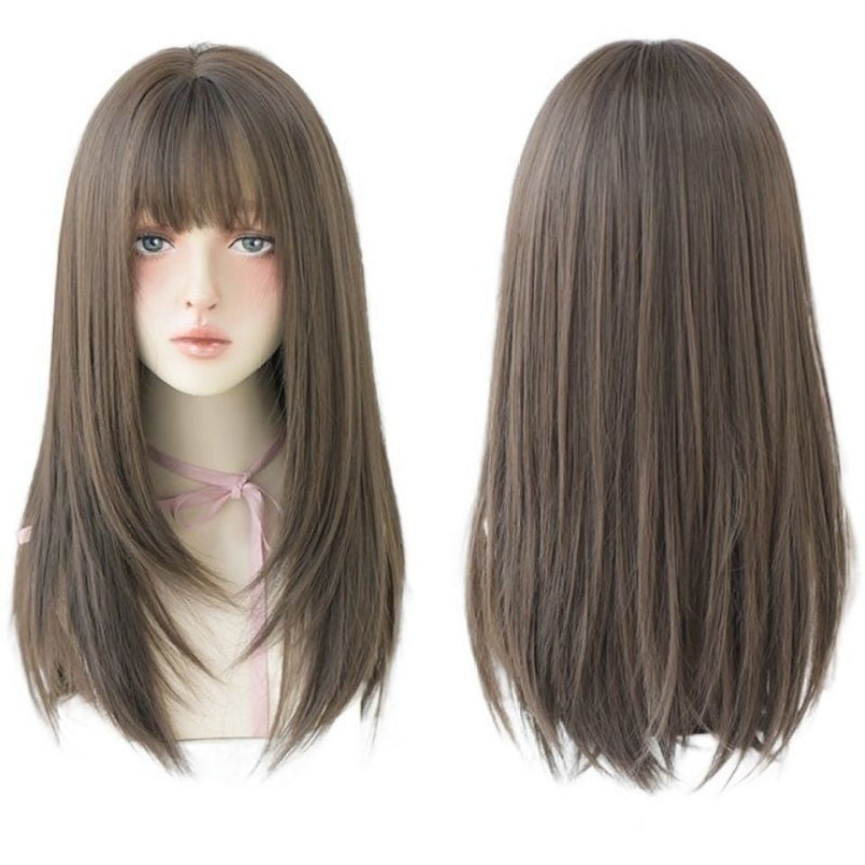 Wholesale Price Small Cap Coolhair Wig Long Straight Perruques with Bangs Brown Synthetic Heat Resistant Wig for Women