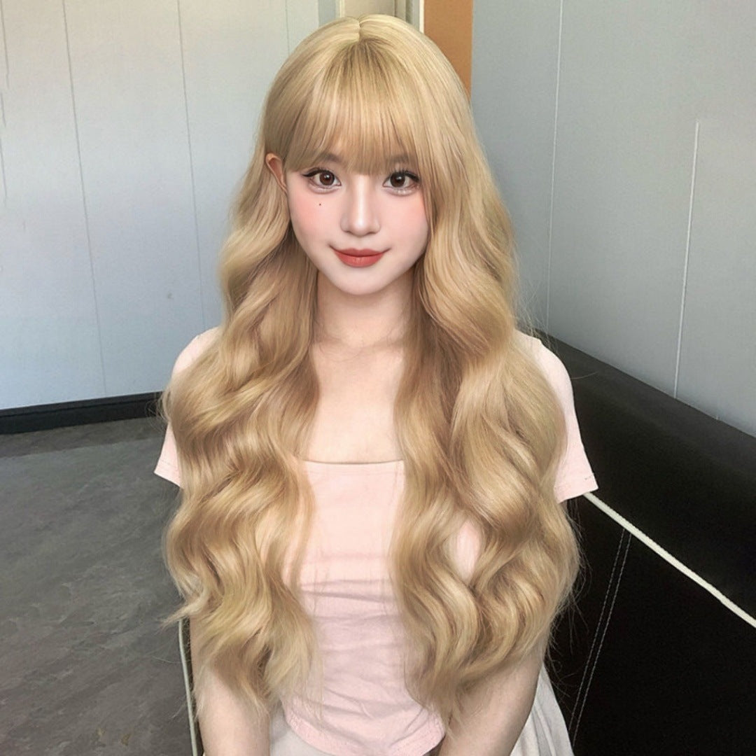Direct sales wig, women's colorful long curly hair, air bangs, fashionable long hair, full head cover, short video for sale