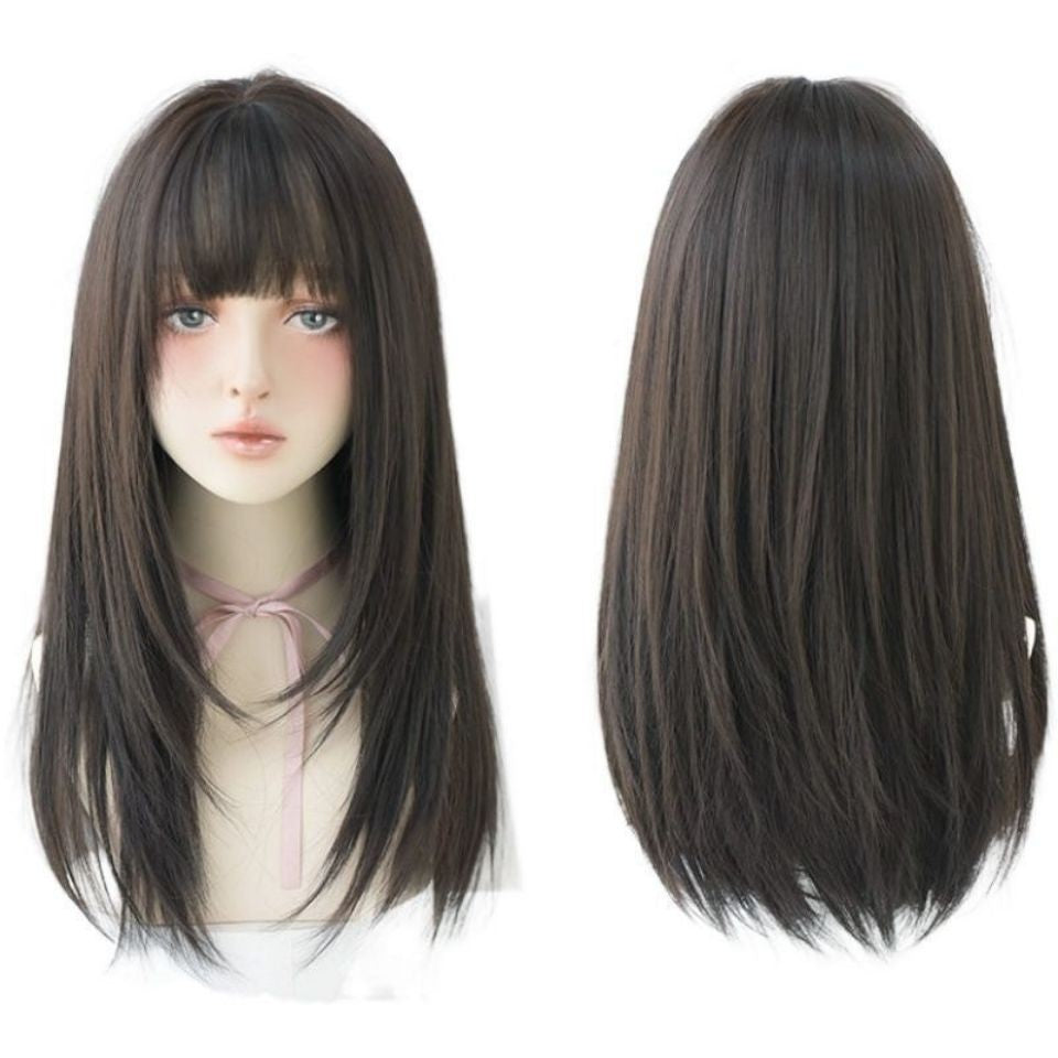 Wholesale Price Small Cap Coolhair Wig Long Straight Perruques with Bangs Brown Synthetic Heat Resistant Wig for Women