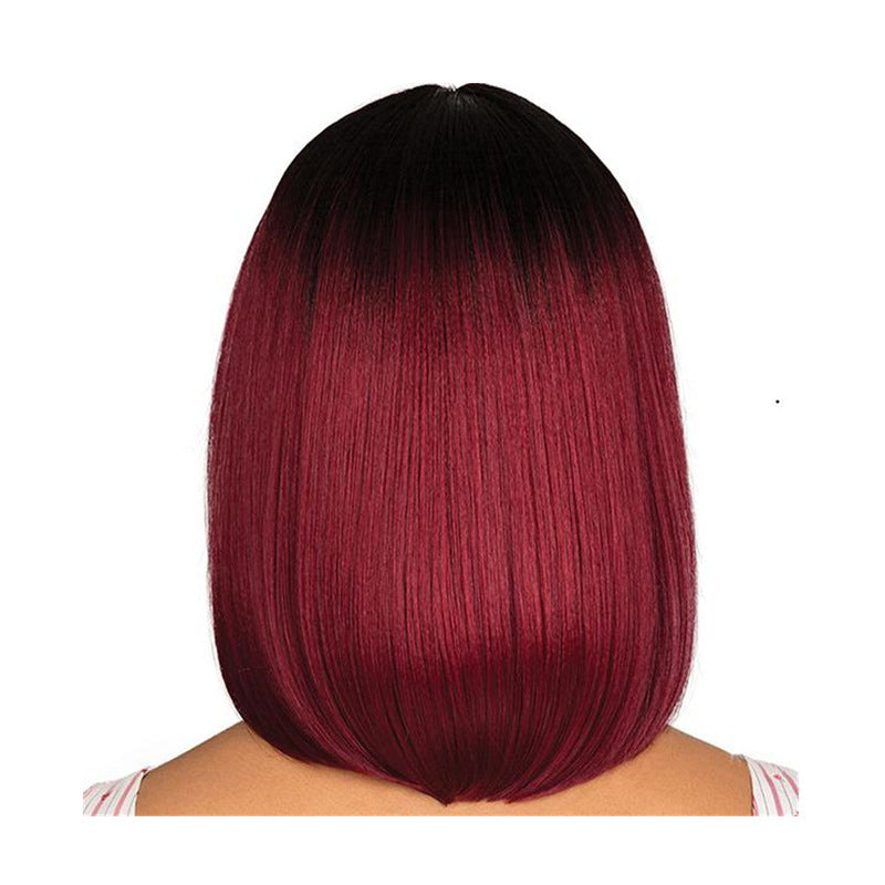 Coolhair Wig Mid Split Black Gradient Wine Red Bobo Wigs Female Short Straight Hair Black Gradient Wine Red Wigs